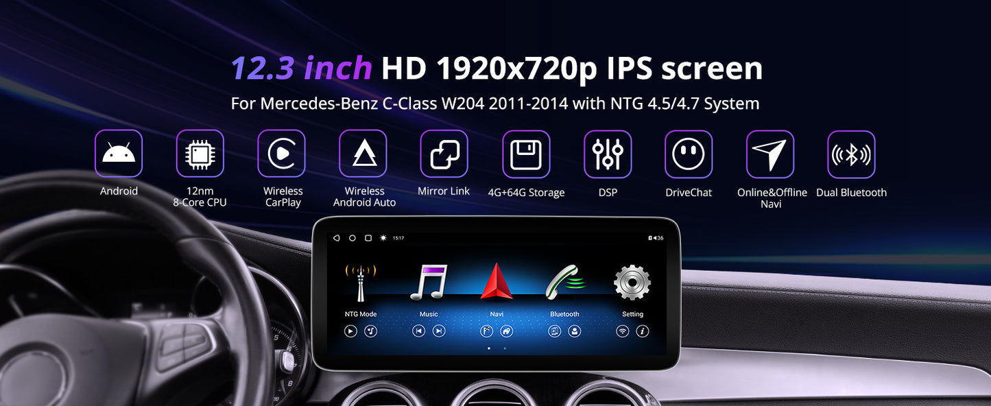 ATOTO 12.3" Car Stereo with Wireless CarPlay & Android Auto Compatible with 2011-2014 C Class Mercedes Benz NTG 4.5 System, Keep All Factory Original Function, GPS Tracking, AI DriveChat, Dual Bluetooth, 4G LTE