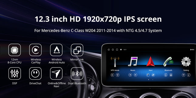 ATOTO 12.3" Car Stereo with Wireless CarPlay & Android Auto Compatible with Mercedes Benz C Class 2008-2010 NTG 4.0 System , Keep Original Function, GPS Tracking, AI DriveChat, 4G LTE, Dual BT
